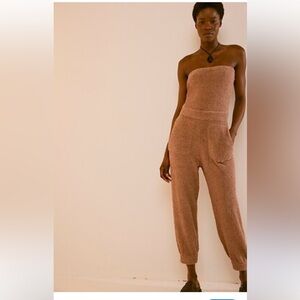 Free people terry cloth strapless tan Claire jumpsuit nwot large